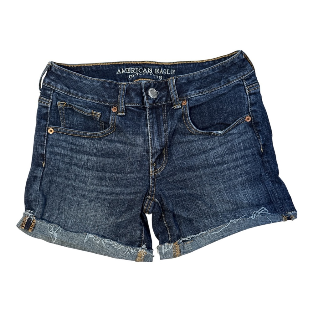American Eagle Outfitters Womens 6 Denim Midi Shorts Super Stretch Frayed Hem